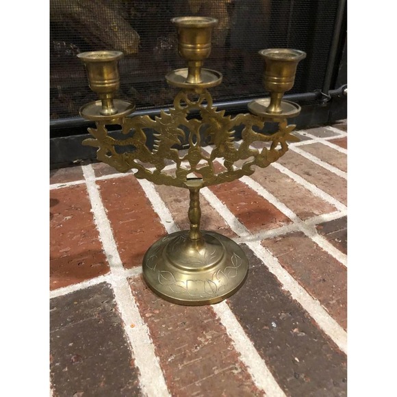 Vintage gold ornate brass candelabra for 3 candlestick holders 8 inches tall - Picture 1 of 9
